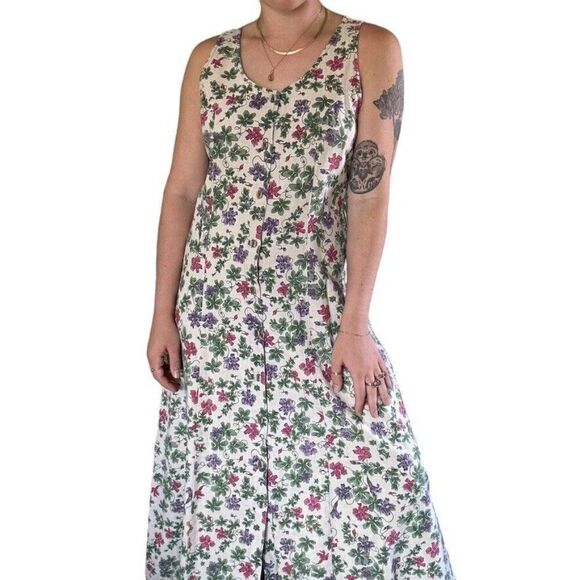 Vintage Woolrich Womens Linen Blend Floral Lagenlook Maxi Hippie Dress Sz M - Picture 1 of 8